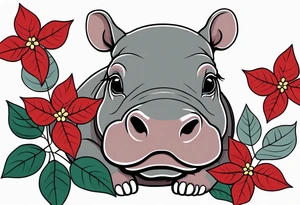 Baby hippo with poinsettia tattoo idea