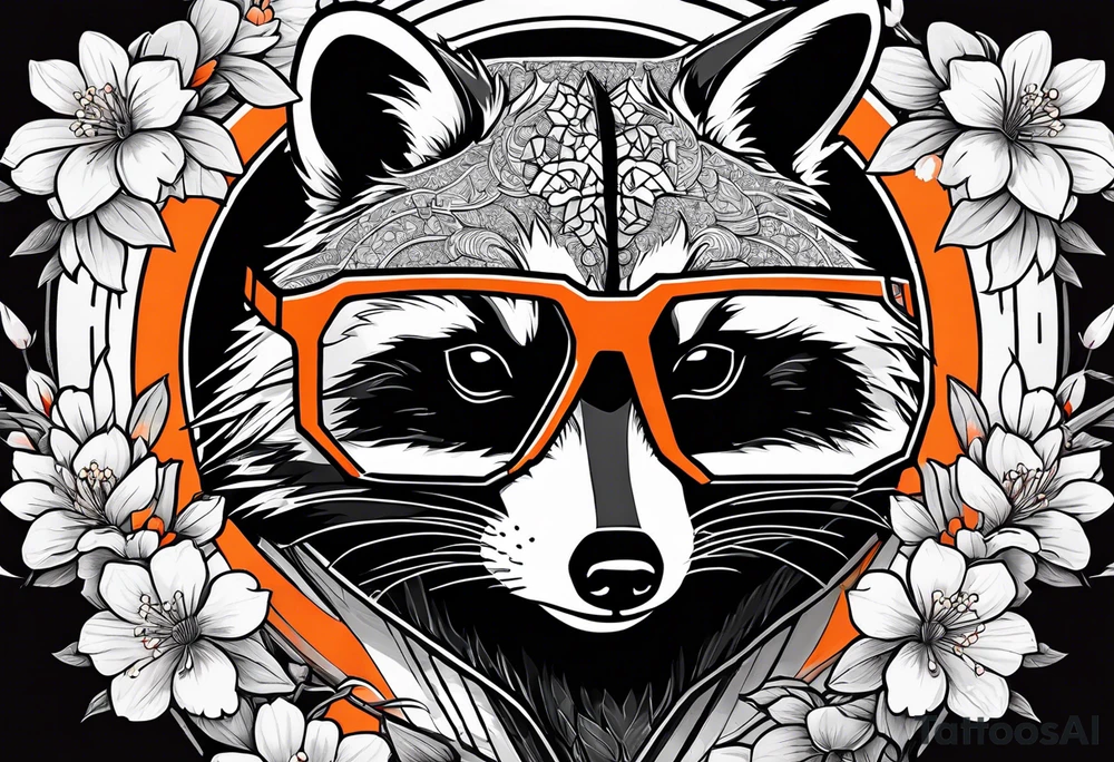 Raccoon wearing a white Superman logo on a black hoodie and orange Japanese cherry blossoms beside tattoo idea
