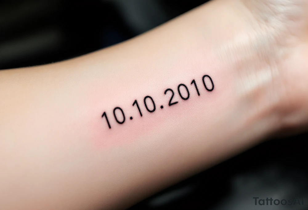 Minimalist 10.10.2010 in thin black sans serif with a small sky-blue dot between each number. tattoo idea
