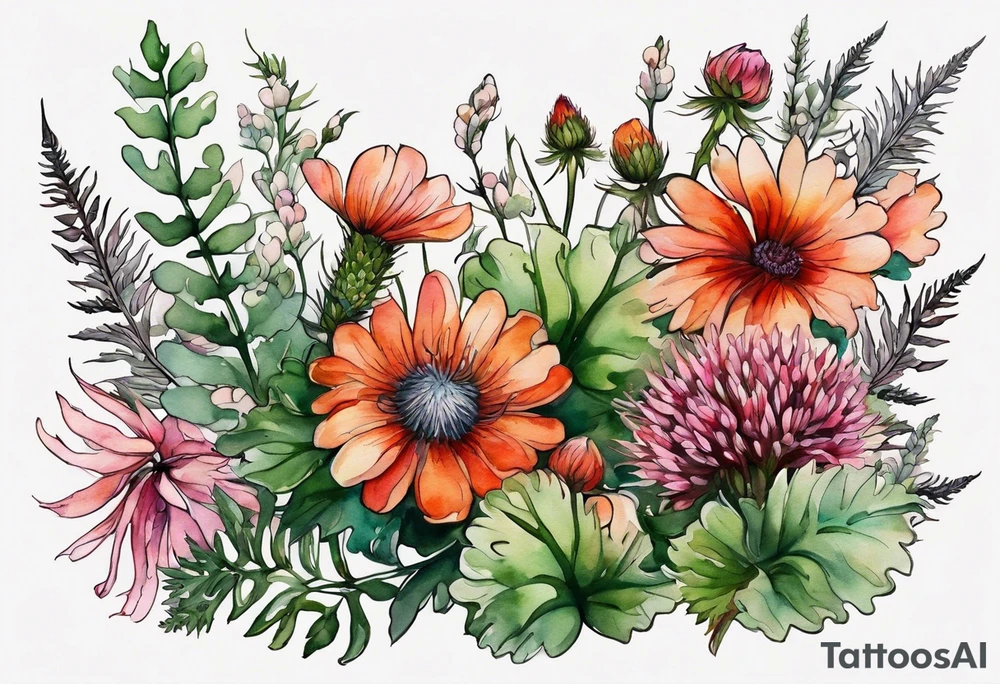 wildflowers with thistles, ferns, white flowers, cream flowers, green flowers, pink flowers, burnt orange flowers, red flowers and all in watercolor tattoo idea