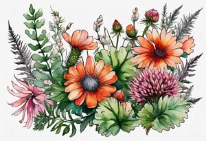 wildflowers with thistles, ferns, white flowers, cream flowers, green flowers, pink flowers, burnt orange flowers, red flowers and all in watercolor tattoo idea