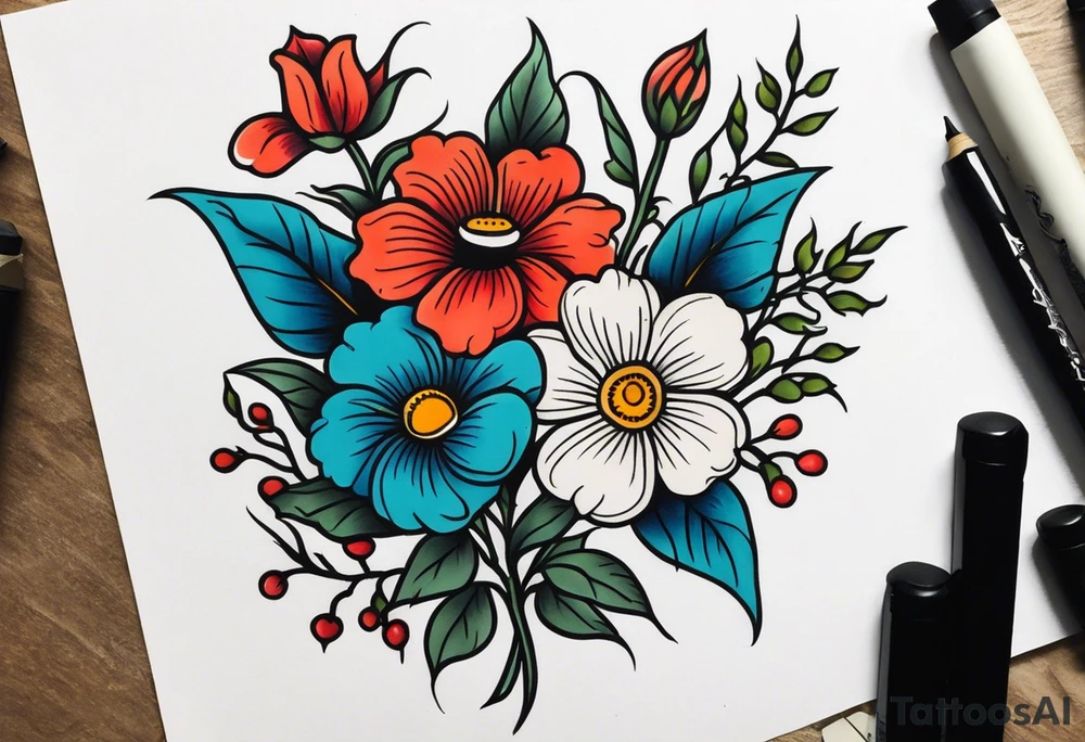 American traditional flowers tattoo idea