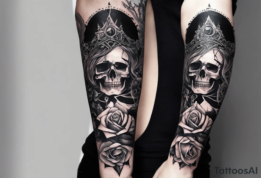 A sleeve tattoo whose elements seem to be connected into one story. Elements on the tattoo: a skull with a rose sticking out of the eye, plants, a girl’s face turning into roots, a destroyed old chain, a broken sword, a butterfly and you can add some connecting elements tattoo idea