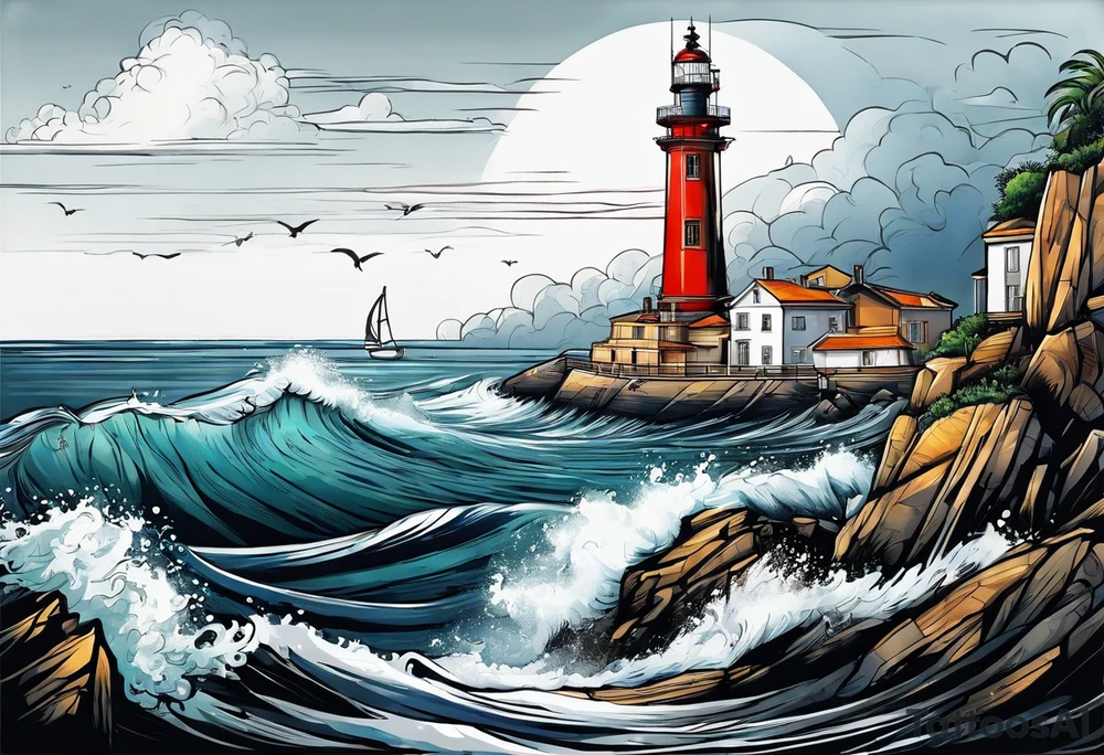 phare maritime dans un bateau a voiles. tattoo idea