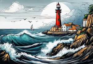 phare maritime dans un bateau a voiles. tattoo idea