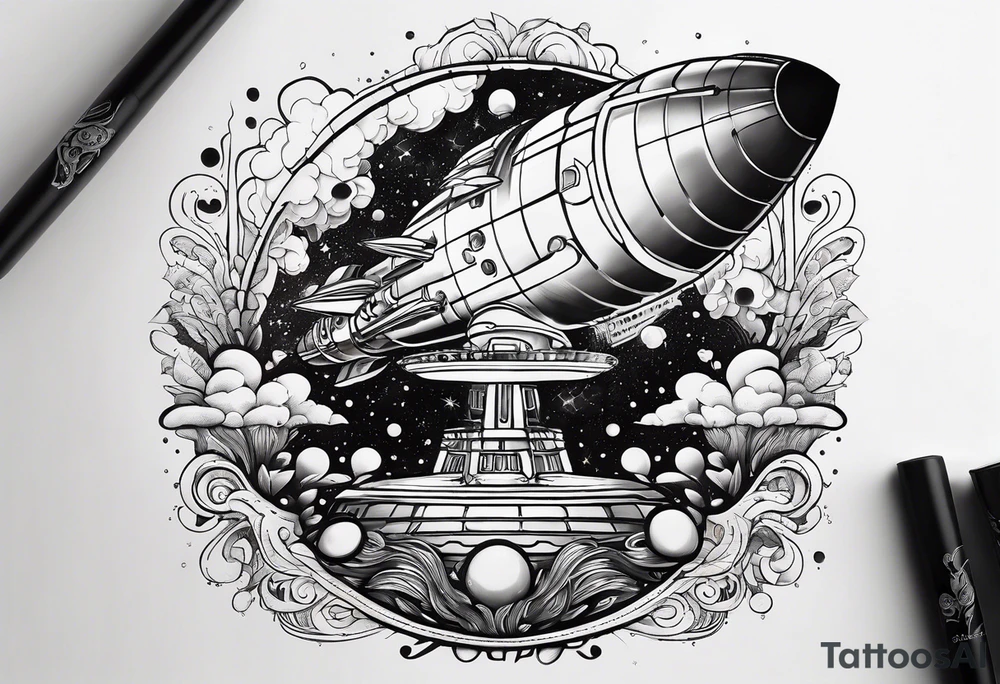 thin rocketship with a psychedelic mushroom top with fire coming out the bottom bursting out of bubble tattoo idea