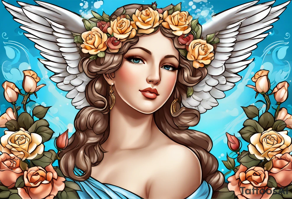 Portrait of Aphrodite: A face or full-length image of the goddess, often in a realistic style, perhaps decorated with flowers, seashells, or doves.rose, doves, shells and a mirror in his hand. background sea, blue roses frames,, romantic,background  boy with wings and a bow, cupido tattoo idea