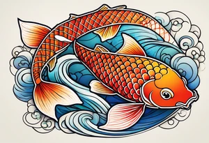 koi fish with a little narrow body, elongated fins, trimmed with pearls, ginko leaves around, gradient lines tattoo idea