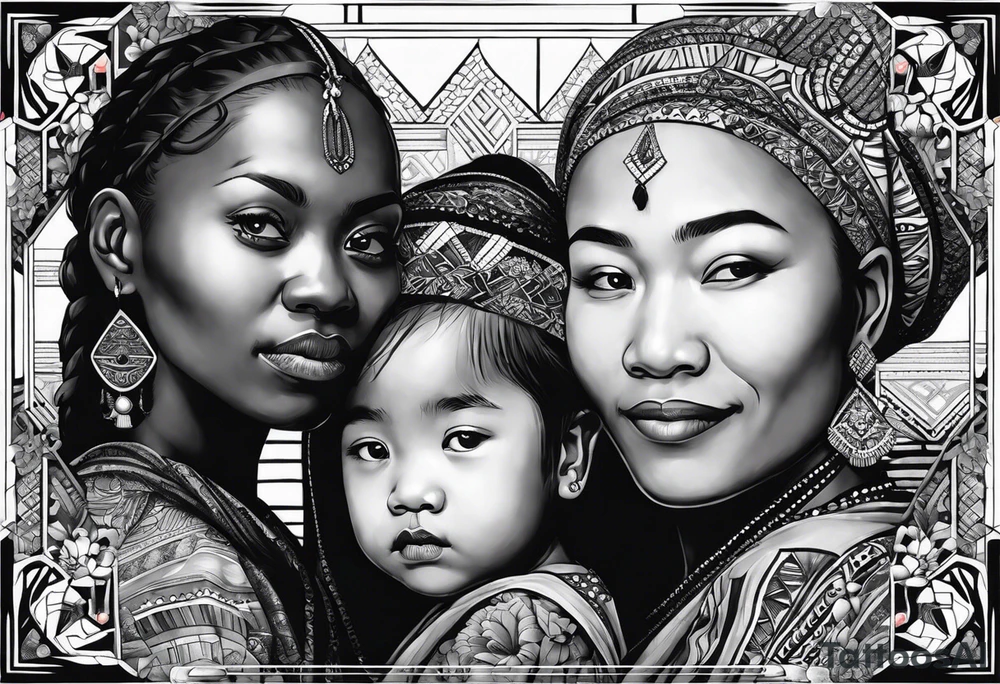 three people leaning against each other. on the left a really very young african daughter, in the middle a german mother, on the right a really very old asian grandmother. big difference in age, in an artfully decorated frame tattoo idea
