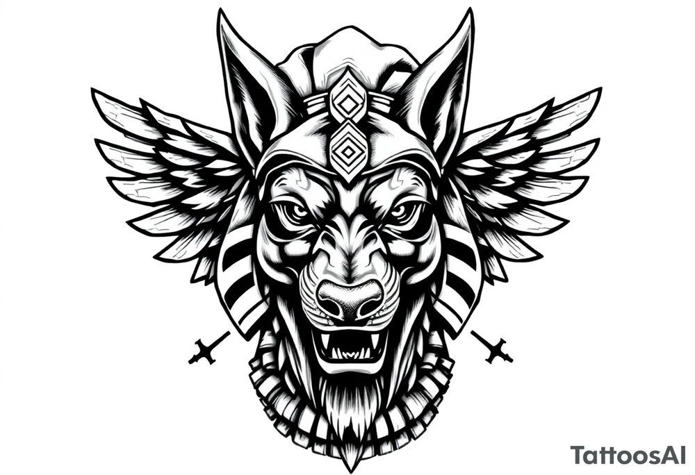 Egyptian Anubis god powerful face muscle in Egypt style with mantle on head dog face surrounded Egyptian symbols tattoo idea