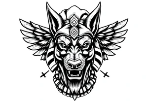 Egyptian Anubis god powerful face muscle in Egypt style with mantle on head dog face surrounded Egyptian symbols tattoo idea