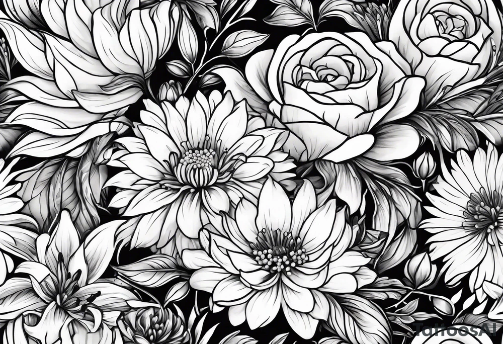 Asters, roses, lily of the valley, and chrysanthemums in a long line tattoo idea