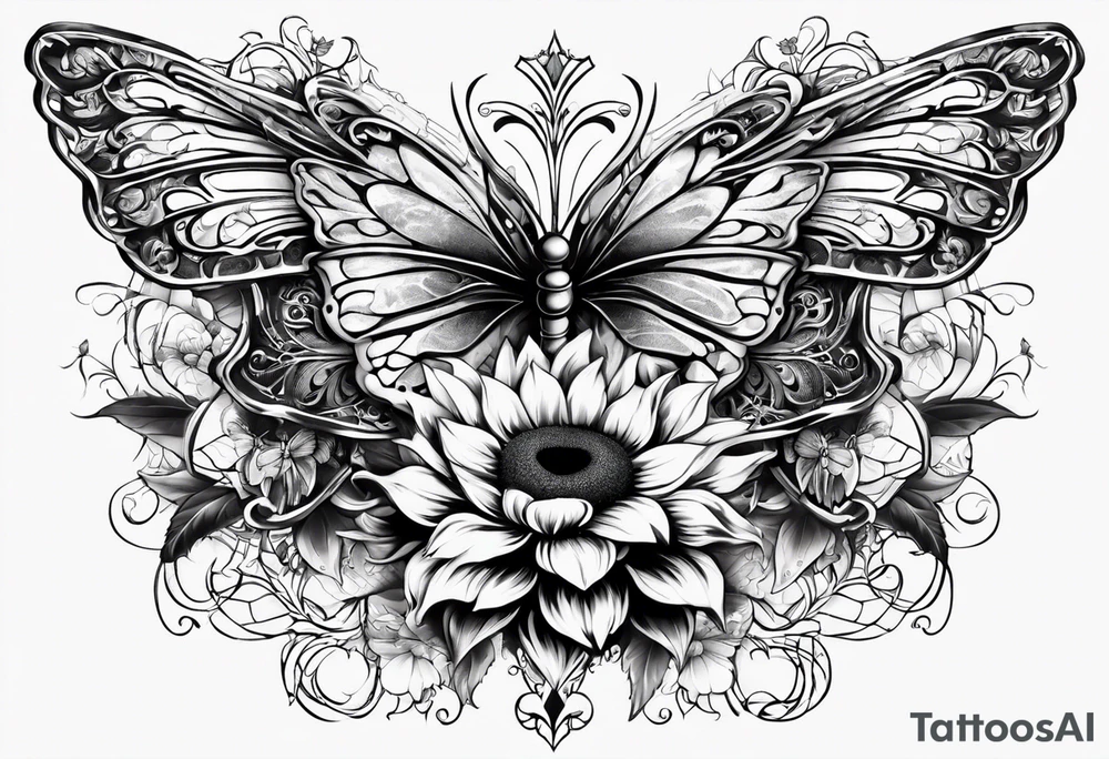 Winged cross with sunflower and butterflies tattoo idea