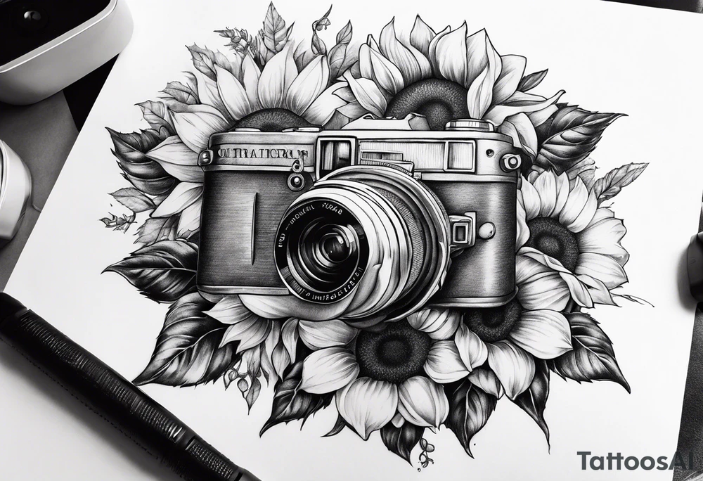 sunflower, camera, flower rose , book tattoo idea