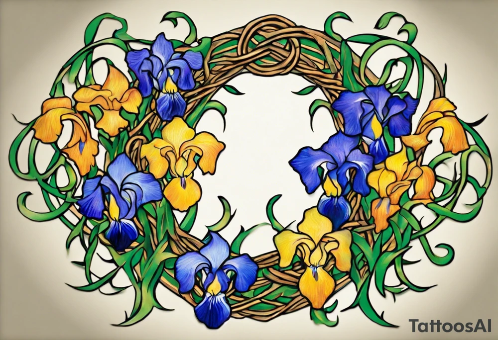 Create a small colorful Vincent van Gogh Irises tattoo , with vines in Celtic knots gracefully intertwining at a central point in the middle of the wreath.  The intended placement is on the upper chest. The overall design should be small in size while maintaining a delicate and artistic aesthetic. Pay attention to the graceful flow of the vines and the placement of the irises to achieve a refined and elegant look. tattoo idea