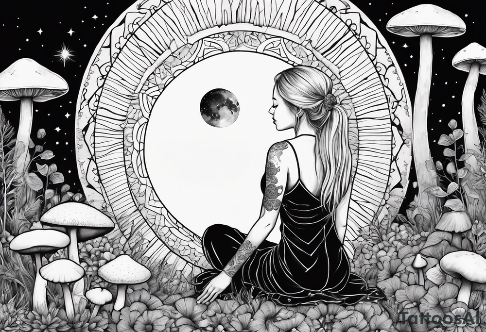 Straight blonde hair girl meditating facing away toward mountains surrounded by mushrooms crescent moon mandala circular design black and white striped dress tattoo idea