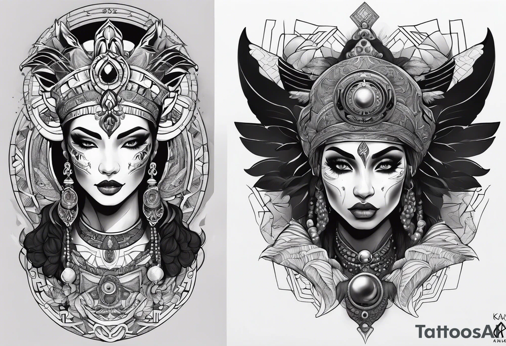 kali ma, alien goddess, valkrye, aries, pirate, divine feminine, zenza resonance, pachamama, lotus azul, blank panther, eagle, skull, 5D, nueva gaya, dna 12 tattoo idea