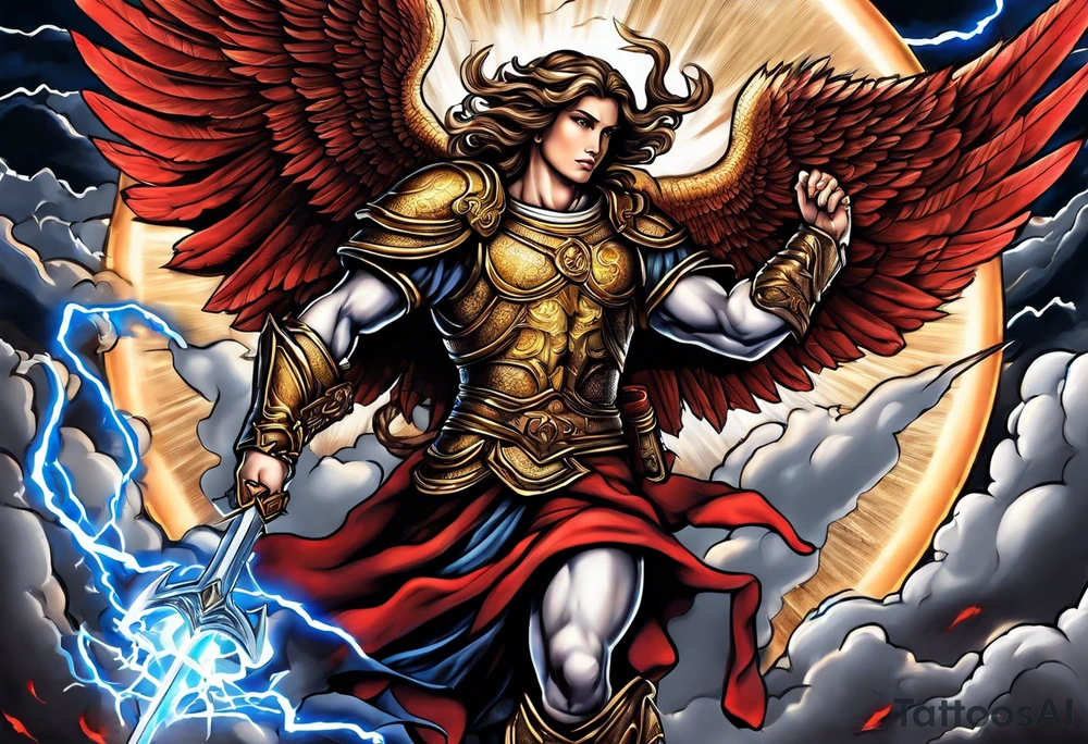Michael the Archangel defeating the devil.  clouds and lightning in background tattoo idea