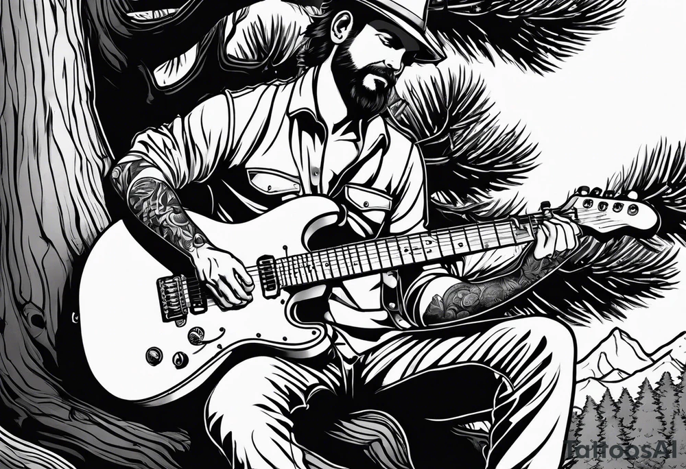 man playing electric guitar while sitting in a pine tree. simple tattoo idea