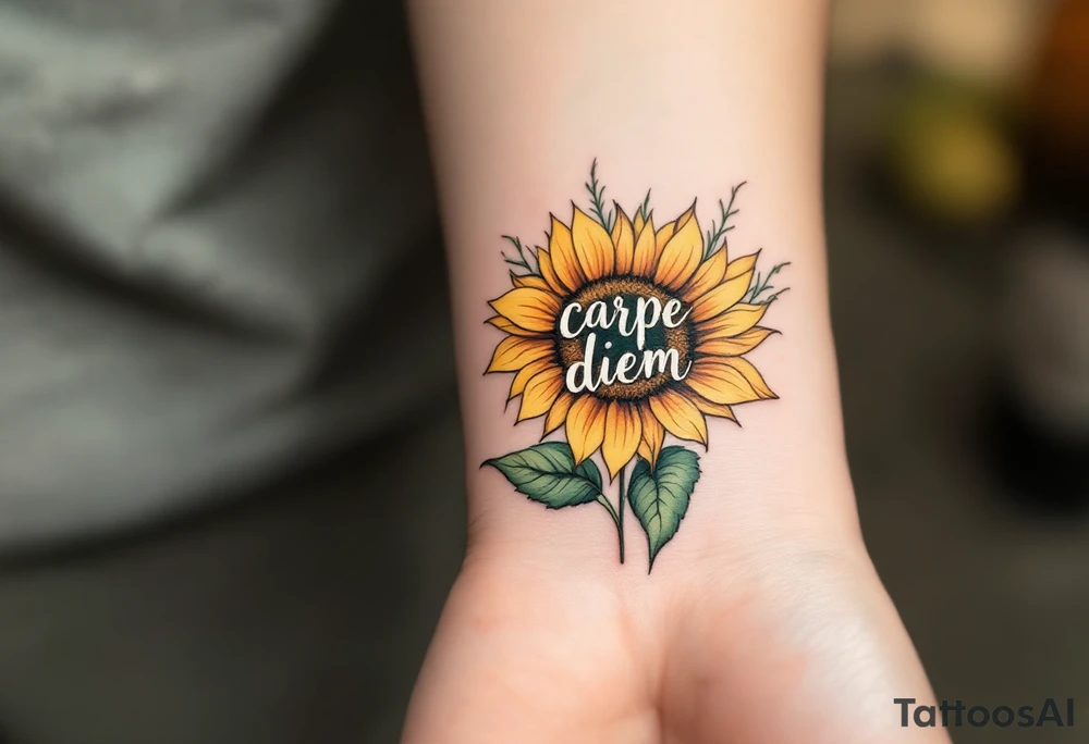 "Carpe Diem" in hand-drawn lettering inside a sunflower in warm gold and green. tattoo idea