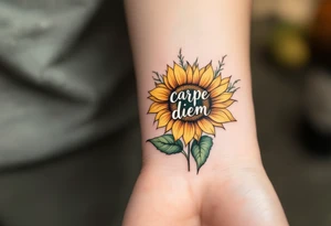 "Carpe Diem" in hand-drawn lettering inside a sunflower in warm gold and green. tattoo idea
