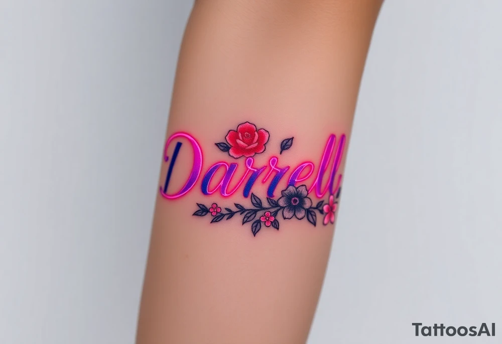 neon colors, 1 inch font, "Darrell" with lots of whimsical background, add lots of flowers tattoo idea