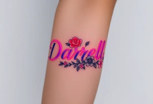 neon colors, 1 inch font, "Darrell" with lots of whimsical background, add lots of flowers tattoo idea