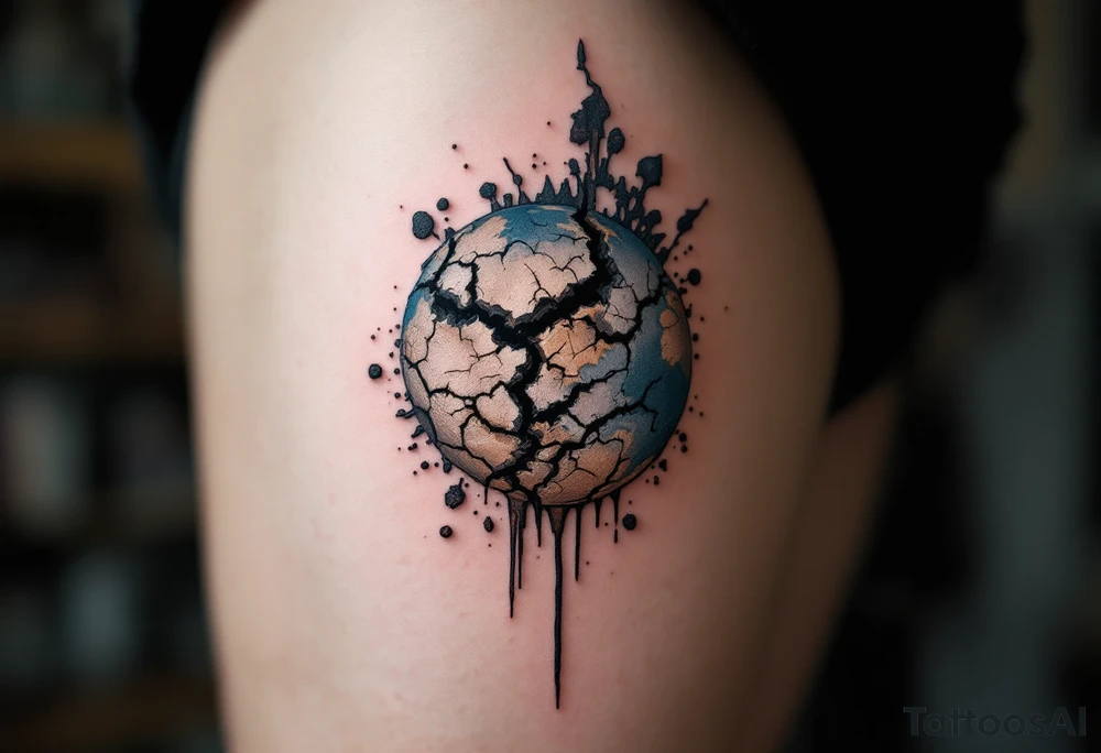 A cracked Earth in dusty blue and brown tones symbolizes environmental decay on the shoulder blade. tattoo idea