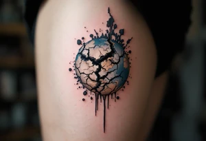 A cracked Earth in dusty blue and brown tones symbolizes environmental decay on the shoulder blade. tattoo idea