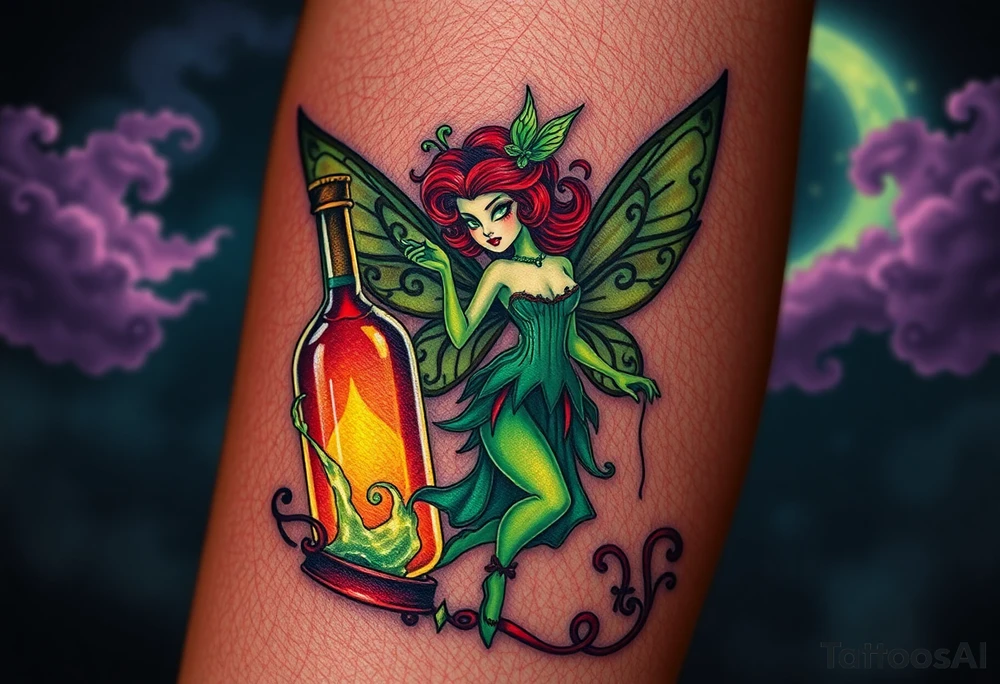 Tim Burton’s pin up style Vintage Parisian elegant and hauntingly beautiful yet eerie full body absinthe Green Fairy dances outside her victorian crystal decatur she was once inside this elaborate ornate bottle absinthe bottle Absinthe Art Nouveau   and dripping with muted reds, dusty pinks, and eerie green glow.purple and cyan smokey clouds swirl in the crescent moonlit sky thats sprinkled with stars tattoo idea