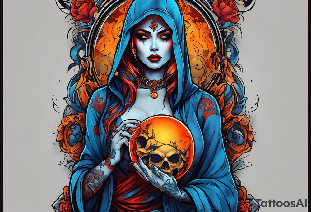 Bright bold Neo traditional tattoo scarred hooded woman with skulls and blood Holding a blue glowing sphere.  Orange, yellow, red, blue colors tattoo idea