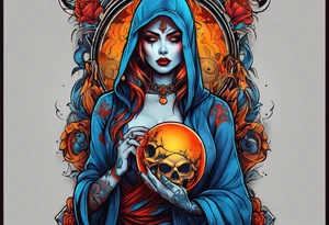 Bright bold Neo traditional tattoo scarred hooded woman with skulls and blood Holding a blue glowing sphere.  Orange, yellow, red, blue colors tattoo idea
