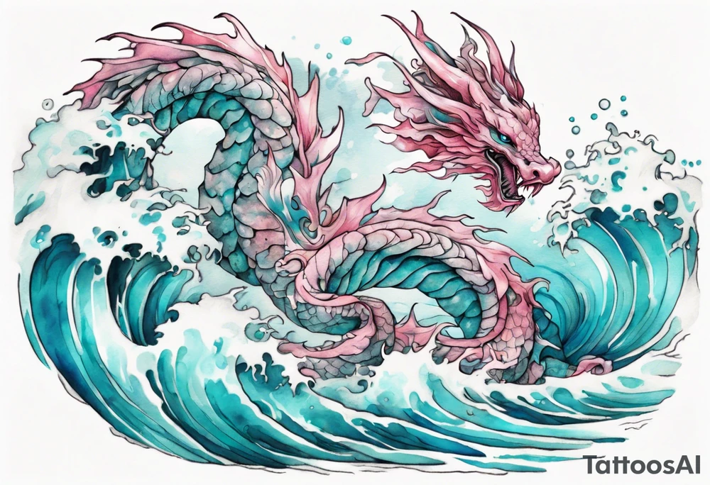 a beautiful turquoise pink and white wyrm rising from the blue waves of the ocean tattoo idea
