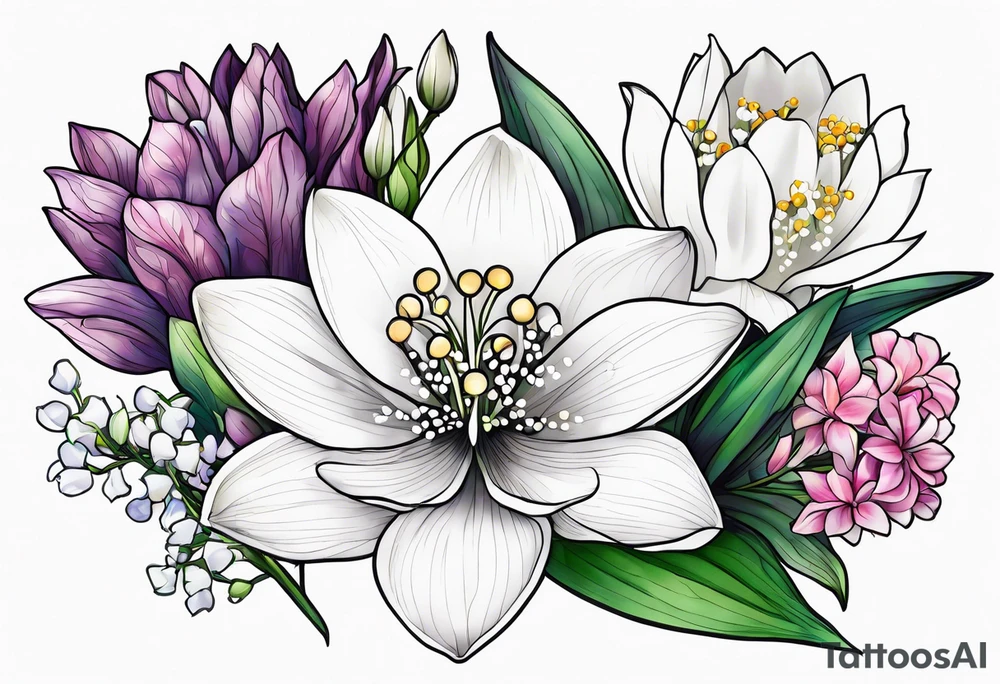 Larkspur, Lily of the valley, water, lily, Hawthorne, flower, carnation, snowdrop flower half sleeve tattoo idea