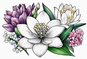 Larkspur, Lily of the valley, water, lily, Hawthorne, flower, carnation, snowdrop flower half sleeve tattoo idea