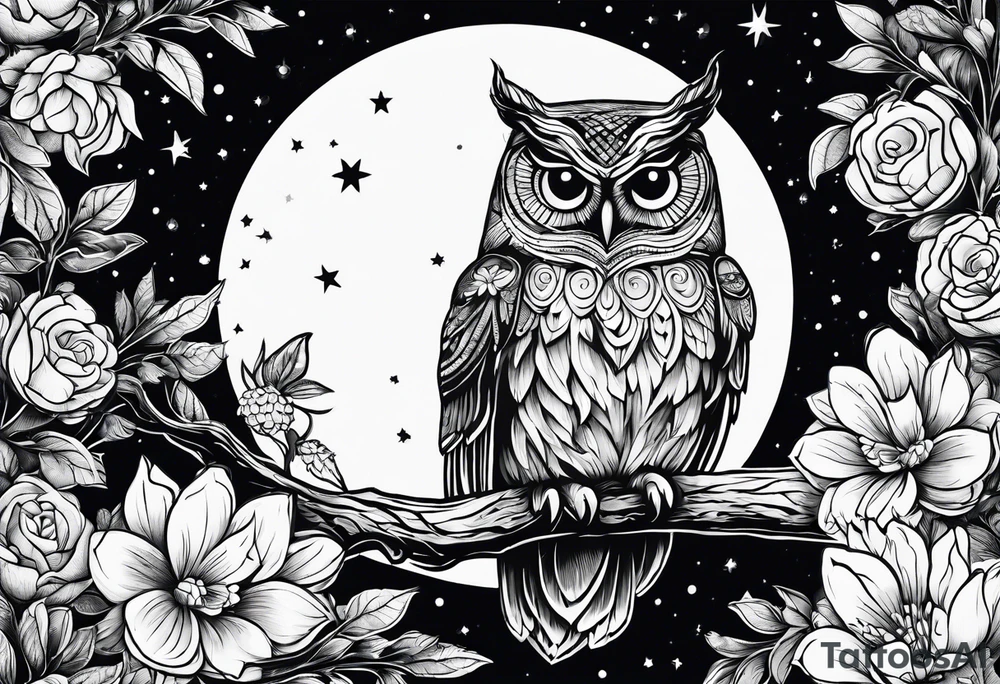 Winter night sky, flowers, owls tattoo idea