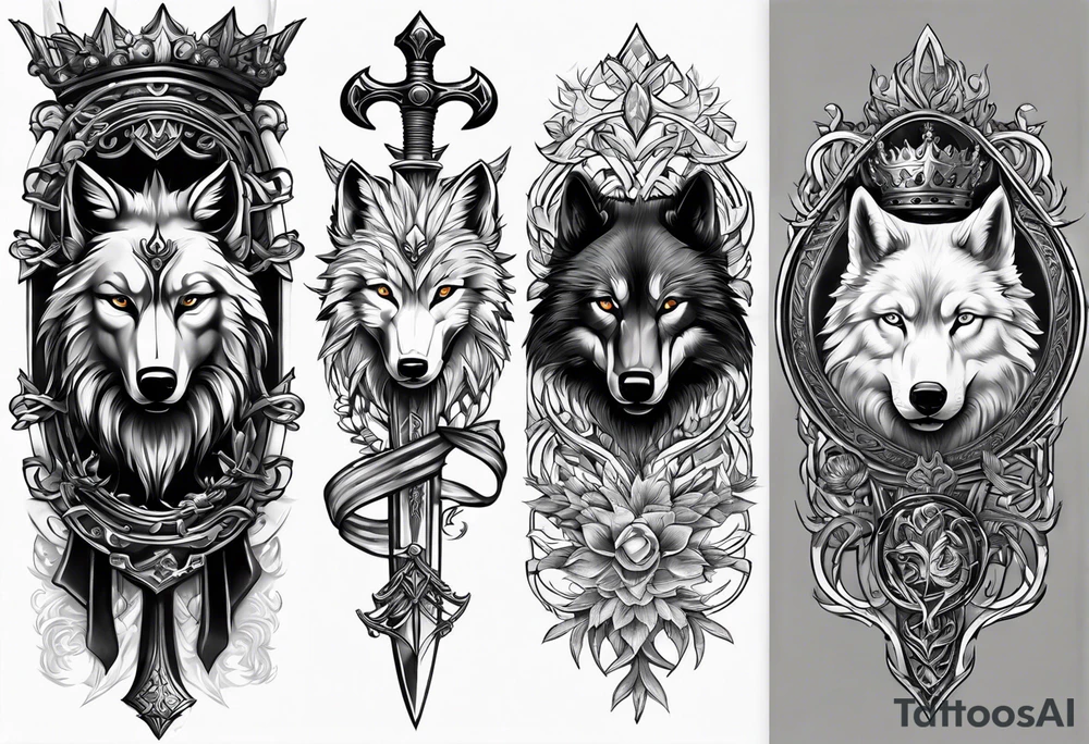 Create a vision of arm tattoo sleeve with combination of sword, crown, tree and three wolves to represent clients family roots tattoo idea