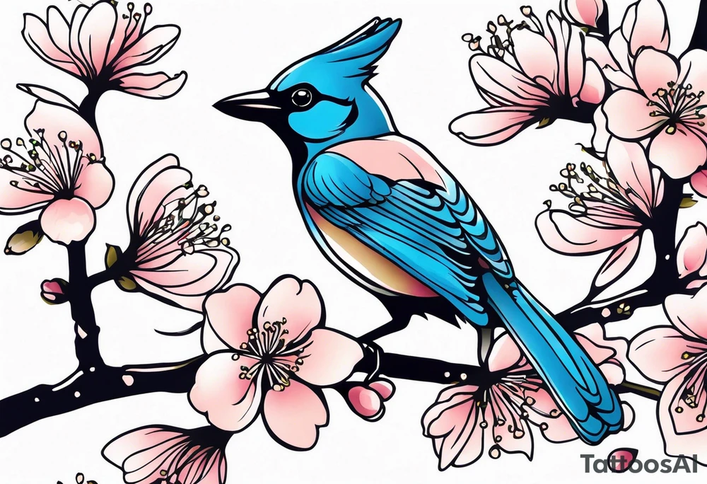 Stellar’s Jay bird on cherry blossoms tattoo for arm tattoo idea