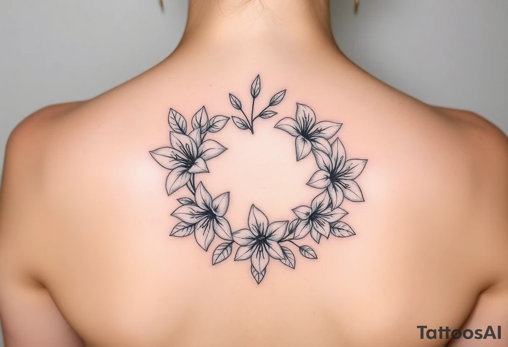 lilies, cherry blossoms with some leaves in a circular formation tattoo idea