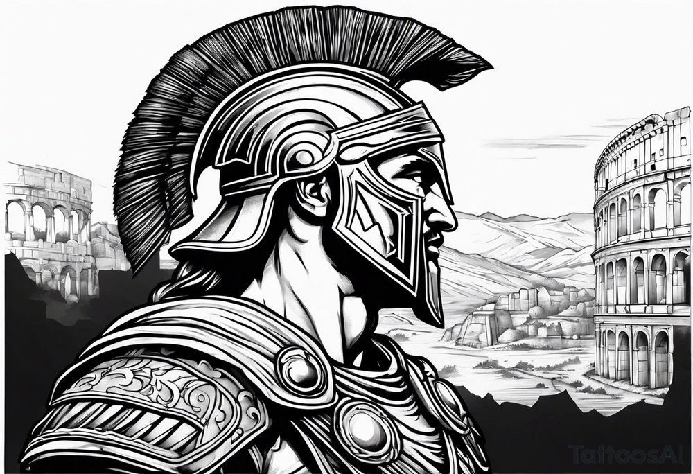 Side profile Spartan Solider ancient roman city in the background tattoo idea Side profile Spartan Solider ancient roman city in the background tattoo idea