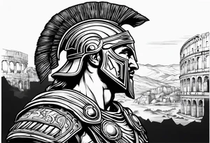 Side profile Spartan Solider ancient roman city in the background tattoo idea