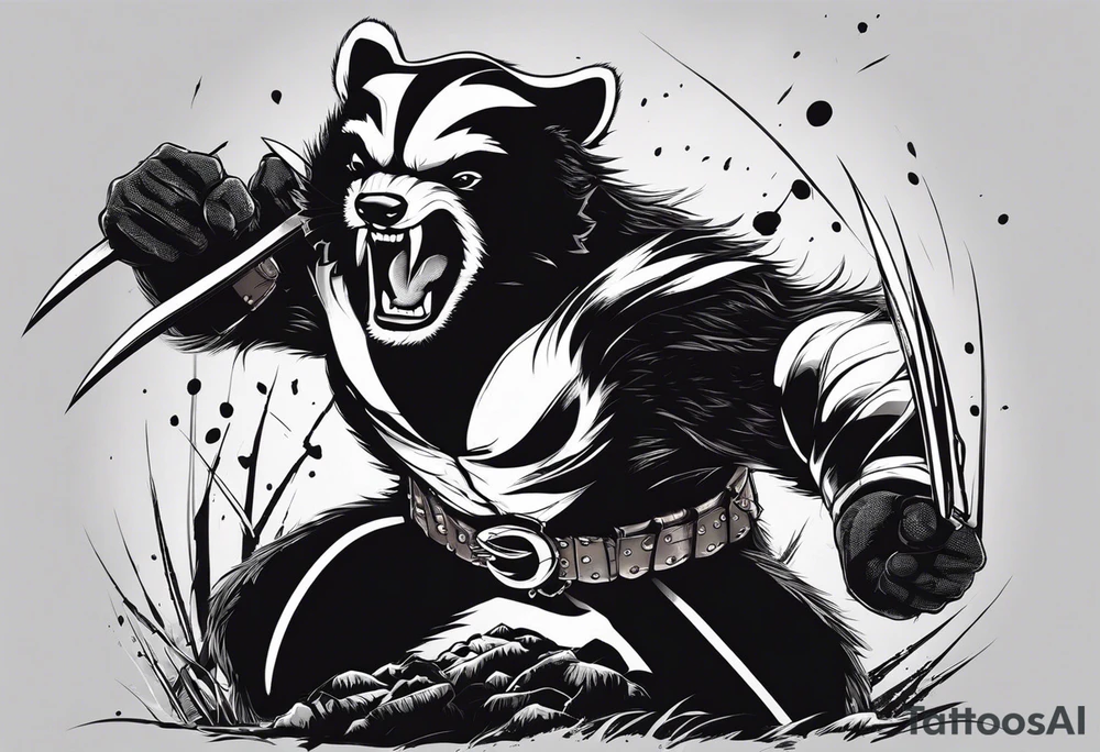 Draw me badger/wolverine with aggressive full body show, killer face with cute smile, very long nails and he attacks like a Turkish gladiator to enemy and also he has very deadly looking. The only weapon is his braveness. tattoo idea