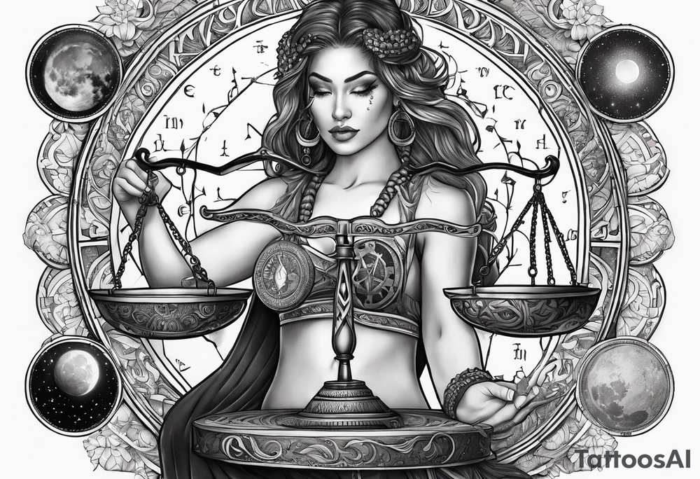 Libra woman holding scales with a night zodiac background including a half moon that encircles half of the woman with vibrant colors tattoo idea