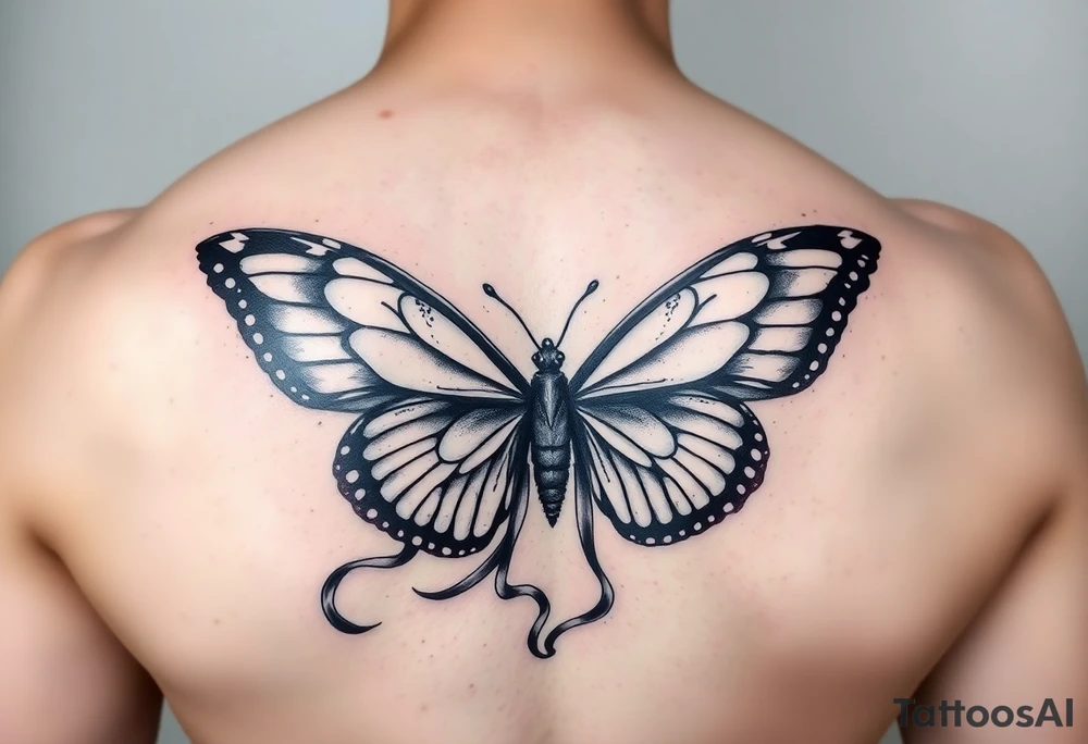 ethereal butterfly with flowing silk ribbons in moonlight tattoo idea