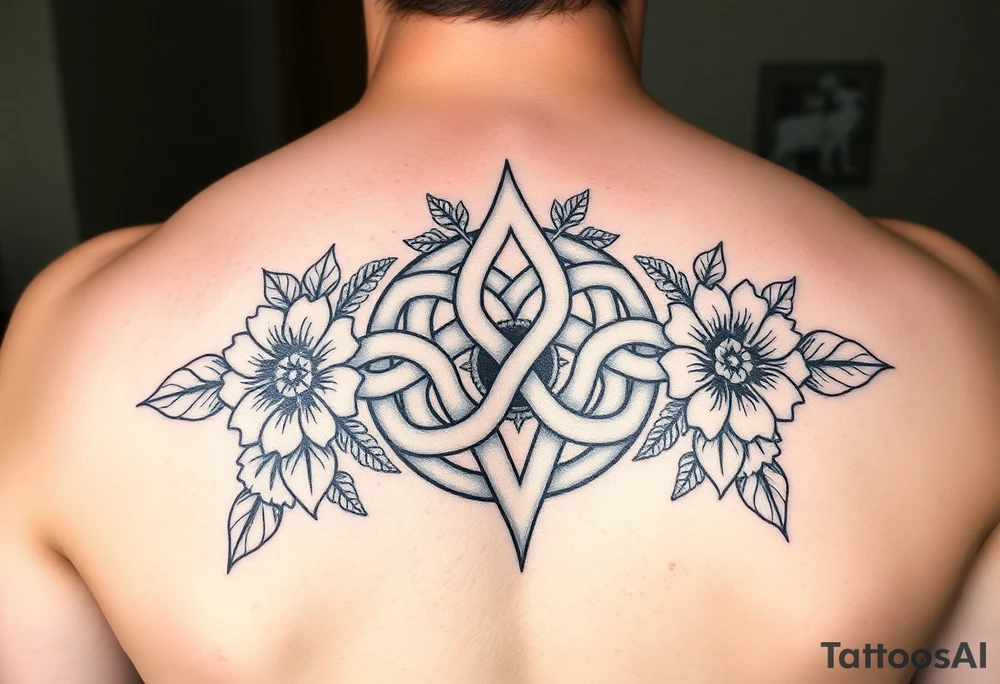 Celtic wolf knot with flowers tattoo idea
