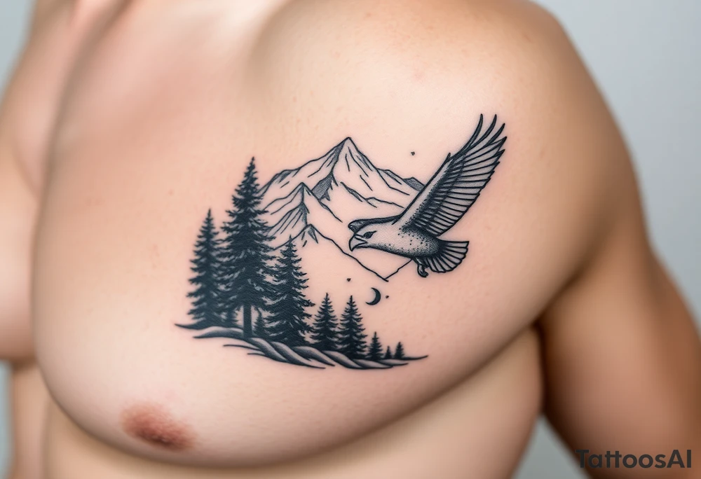 Mountain View with large trees and an eagle flying tattoo idea