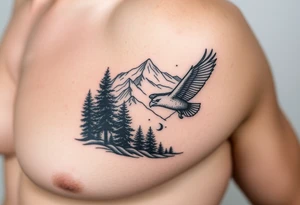 Mountain View with large trees and an eagle flying tattoo idea