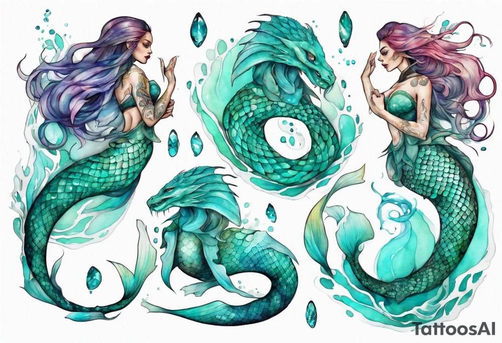 a mermaid serpent hybrid with turquoise scales by the ocean tattoo idea