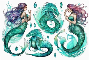 a mermaid serpent hybrid with turquoise scales by the ocean tattoo idea