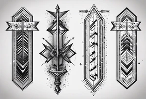 three basic parallel arrows. the first arrow broken near the flight. the second middle arrow in tact. the third arrow broken near the head. including the morse code for JAK in the design. tattoo idea